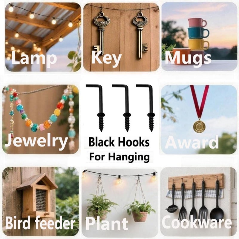 ANDILIKE 100 PCS 1-1/4 Inch Black Screw in L Hooks, 7 Shaped Right Angle Screw Hooks for Hanging Lamp,Plants,Decorations,kitchenware and DIY Crafts - Image 4